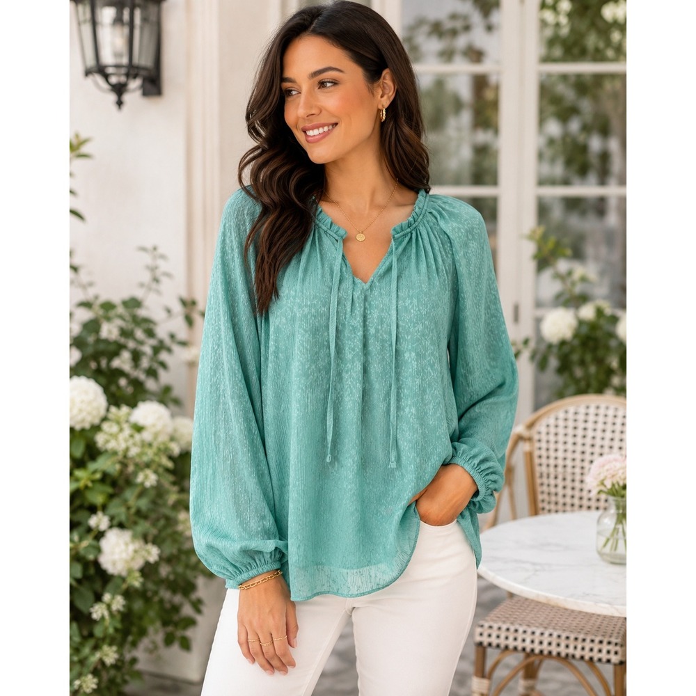 LC Lauren Conrad Teal Floral Jacquard Ruffle Tie Neck Peasant Blouse Small
